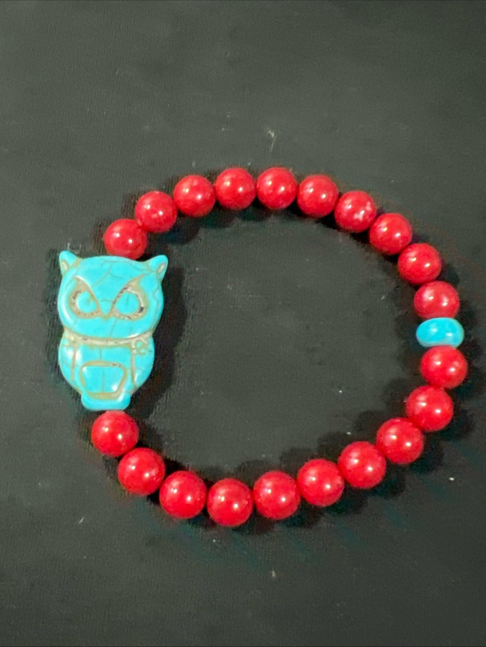 Handmade Red Beaded and Turquoise Owl Charm Bracelet Size 7